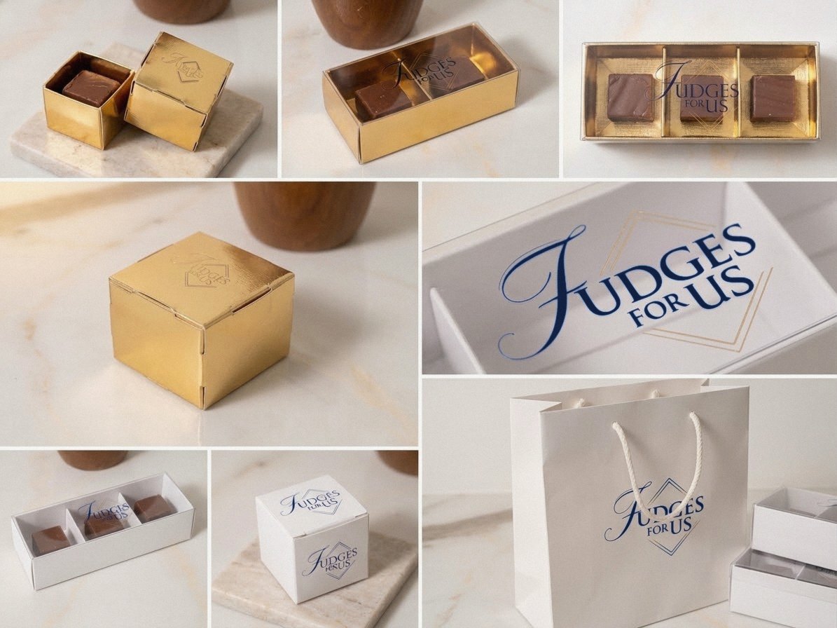 Caixinhas douradas e brancas da Fudges For Us com 1, 2 e 3 fudges, e sacola da marca