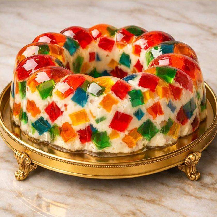 Gelatina colorida em cubos envolvidos por creme