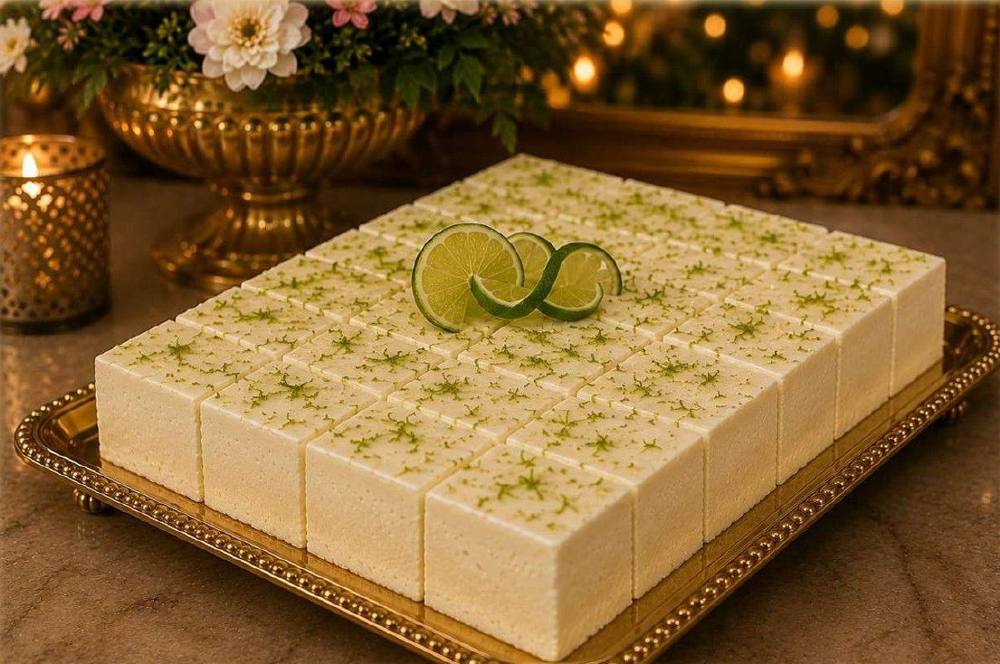 Mousse de limão cortada em quadrados com rodelas de limão