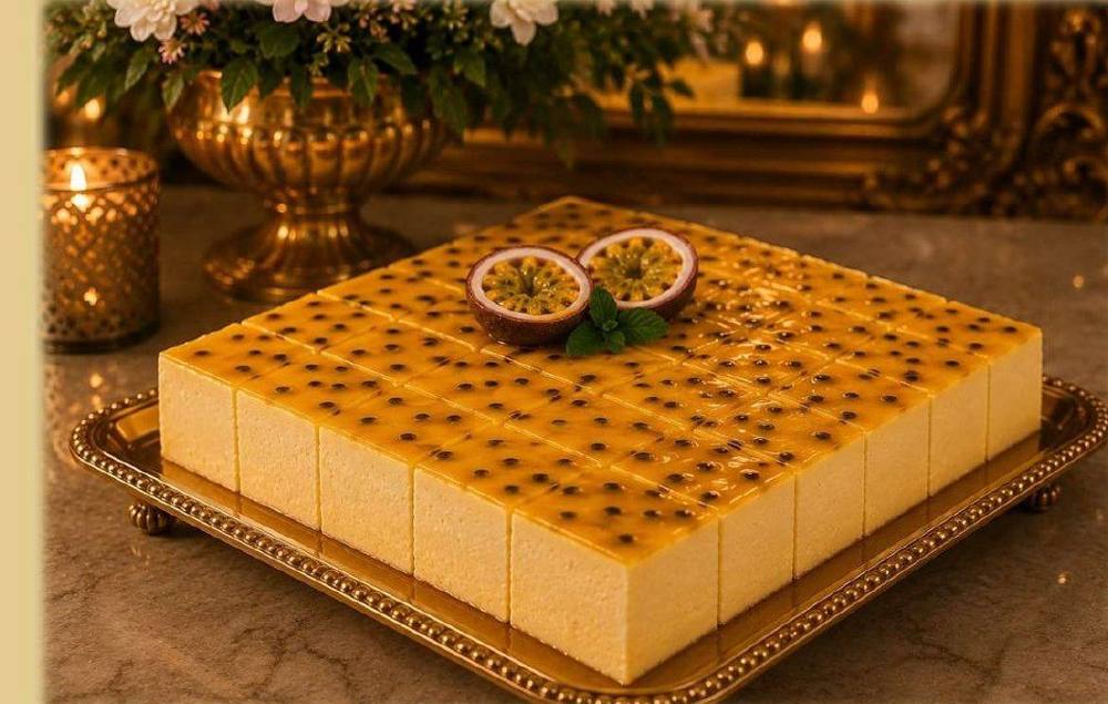 Mousse de maracujá cortada em quadrados