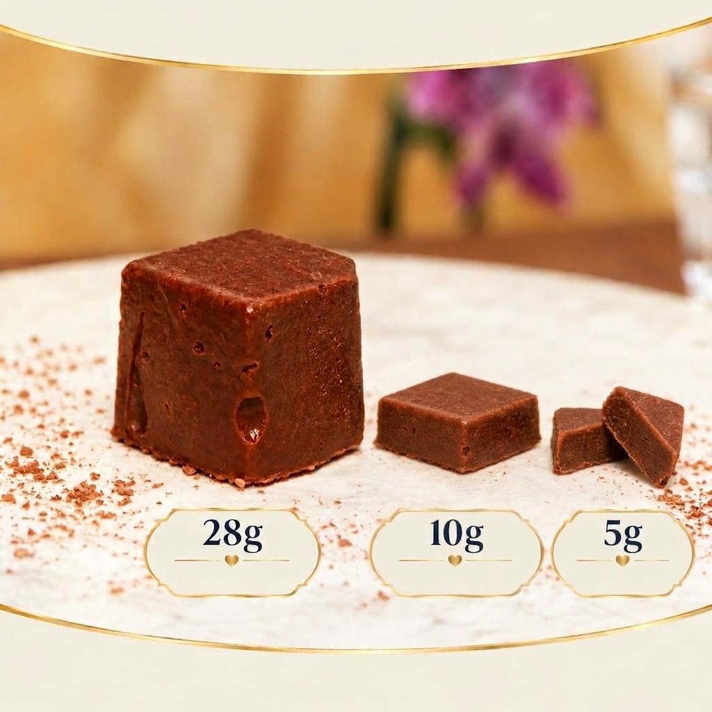 Três tamanhos de fudge lado a lado: fudge, mini fudge e fudge bite